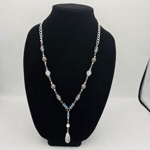 Napier Womens Silver Tone Long Beaded‎ Blue Clear Chain Necklace 30" Cottagecore